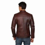 Leather Jacket – Distressed Brown Real Leather Motorcycle Jacket, Windproof Standing Collar - Image 2