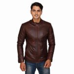 Leather Jacket – Distressed Brown Real Leather Motorcycle Jacket, Windproof Standing Collar