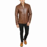 Leather Jacket – Distressed Brown Real Leather Motorcycle Jacket, Windproof Standing Collar